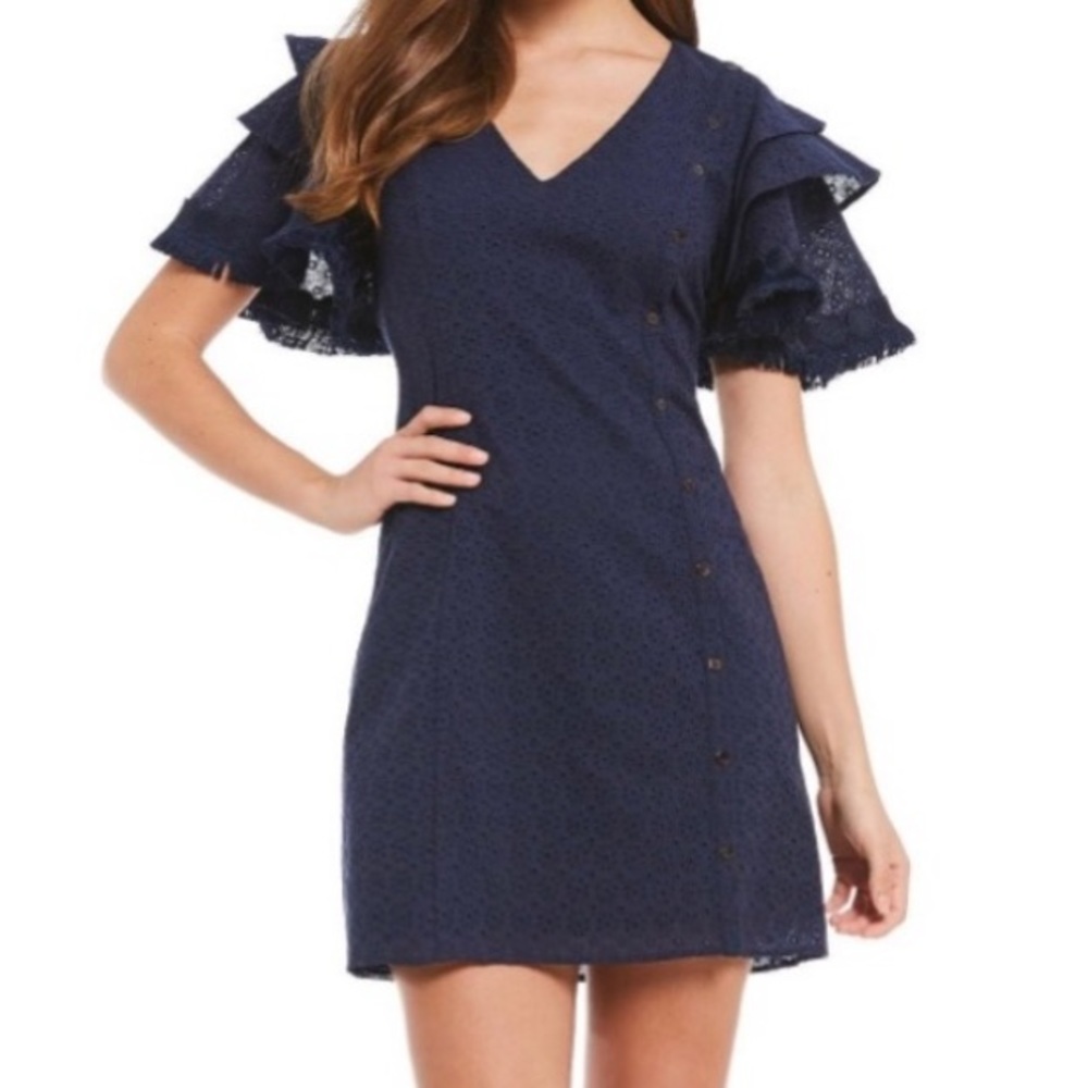 Belle Badgley Mischka Navy Daphne Mini Dress with Button Detailing. Size 10.